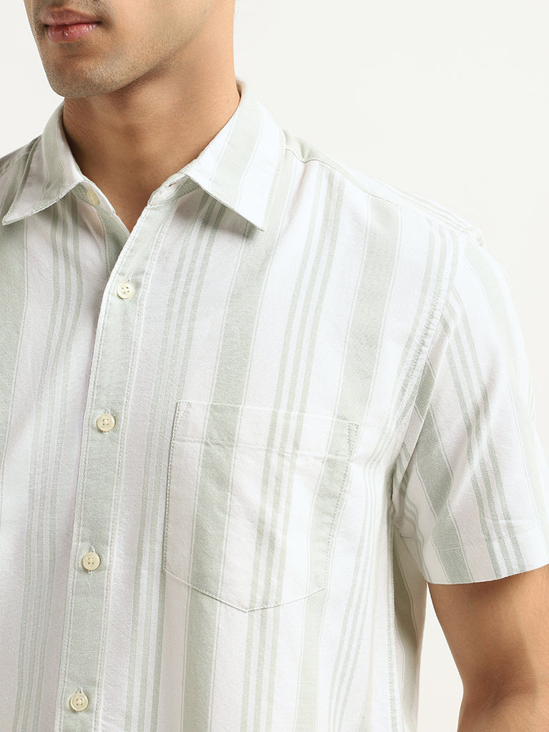 WES Casuals Green Striped Cotton Relaxed Fit Shirt