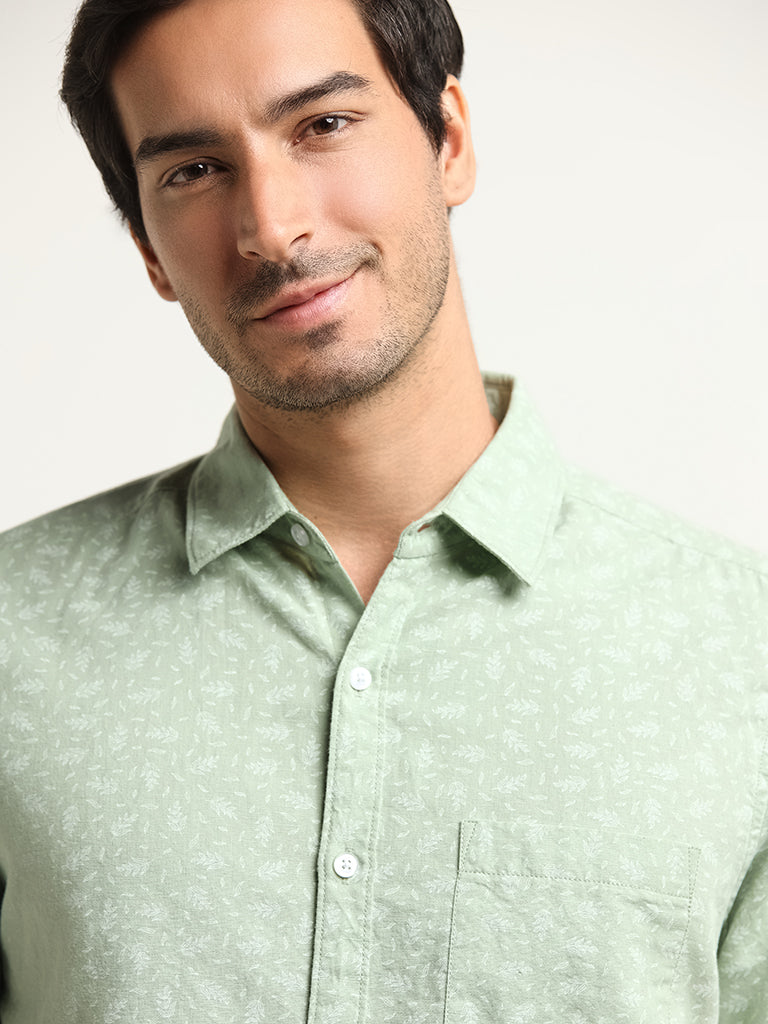 WES Casuals Green Slim Fit Printed Blended Linen Shirt