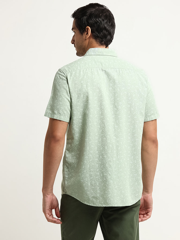 WES Casuals Green Slim Fit Printed Blended Linen Shirt