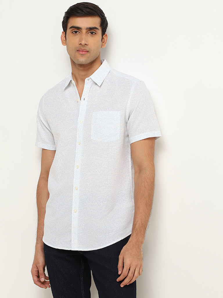 WES Casuals White Linen Blend Slim Fit Shirt