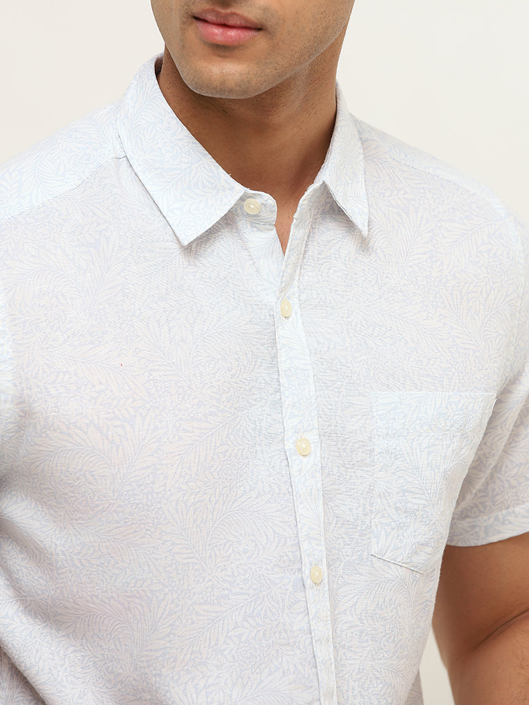 WES Casuals White Linen Blend Slim Fit Shirt