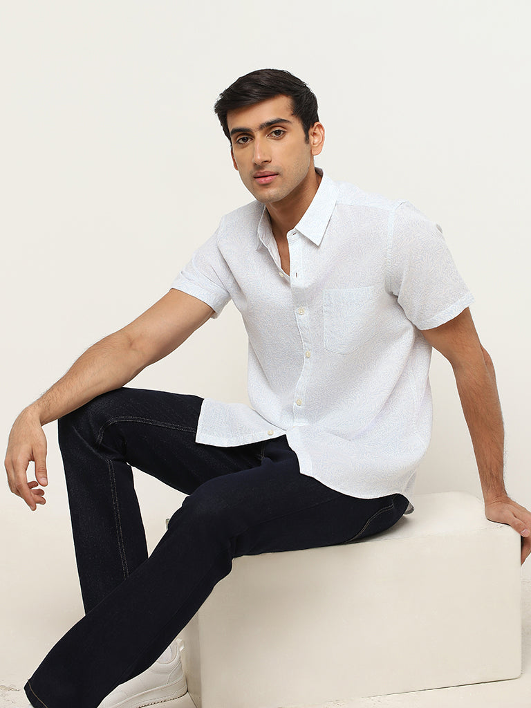 WES Casuals White Linen Blend Slim Fit Shirt