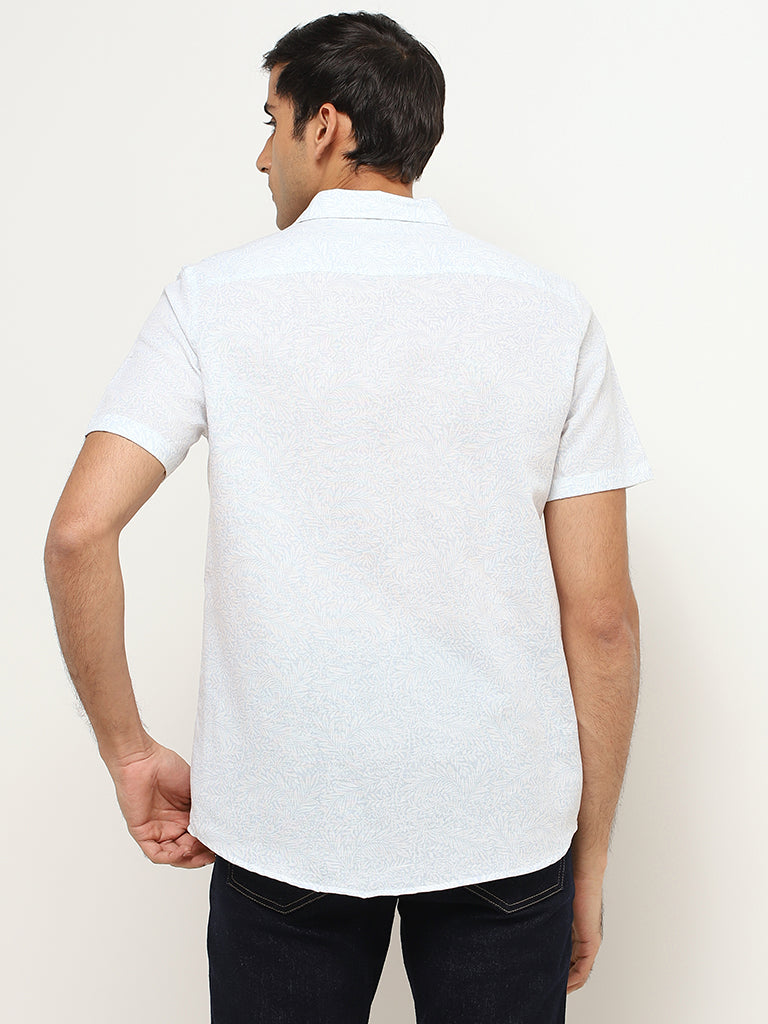 WES Casuals White Linen Blend Slim Fit Shirt