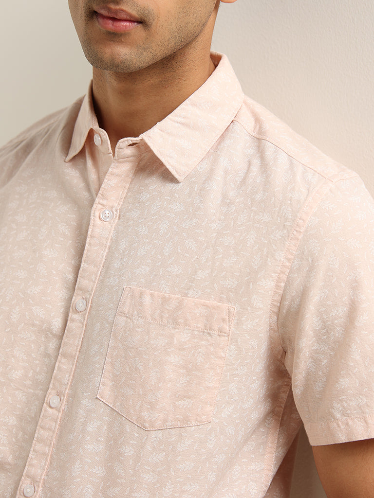 WES Casuals Light Pink Ditsy Printed Slim Fit Blended Linen Shirt