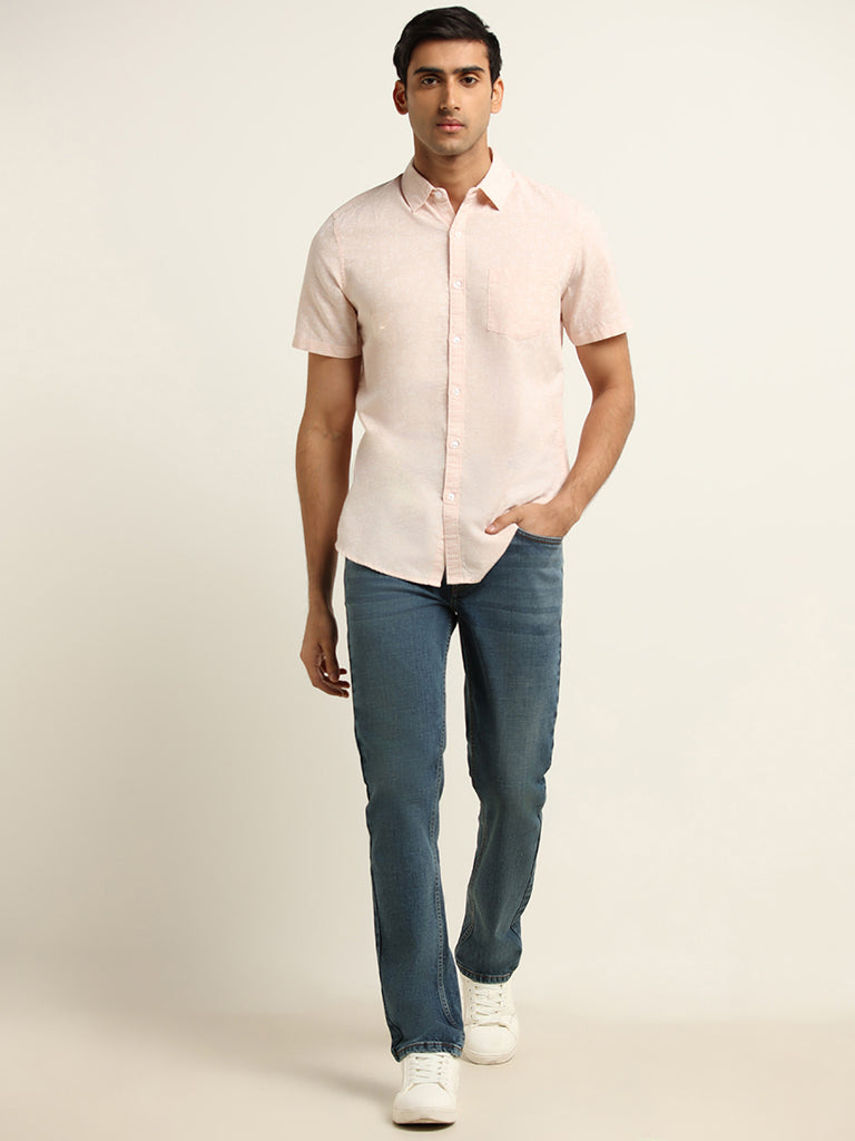 WES Casuals Light Pink Ditsy Printed Slim Fit Blended Linen Shirt