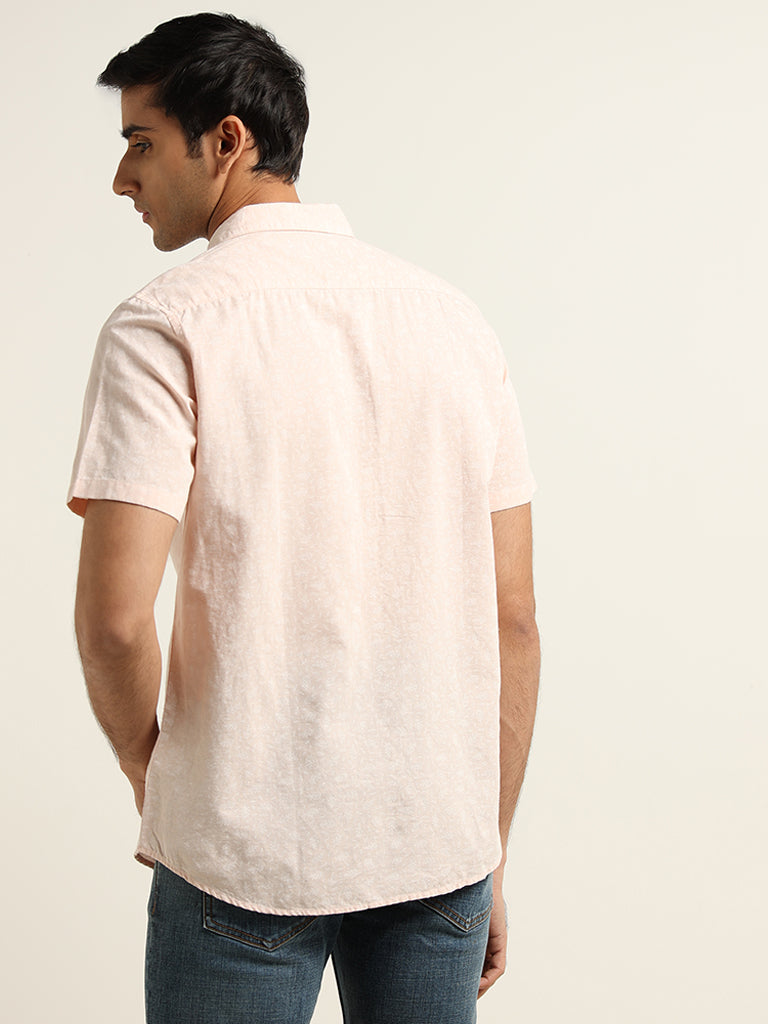 WES Casuals Light Pink Ditsy Printed Slim Fit Blended Linen Shirt