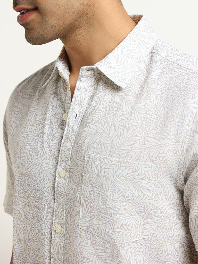 WES Casuals Grey Slim Fit Botanical Print Blended Linen Shirt