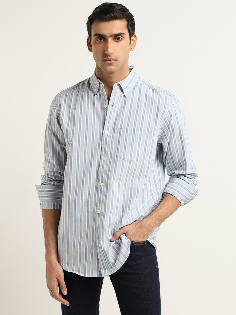 WES Casuals Blue Striped Cotton Relaxed Fit Shirt