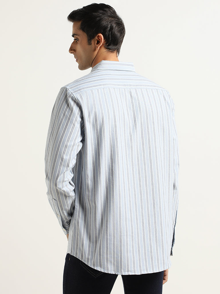 WES Casuals Blue Striped Cotton Relaxed Fit Shirt