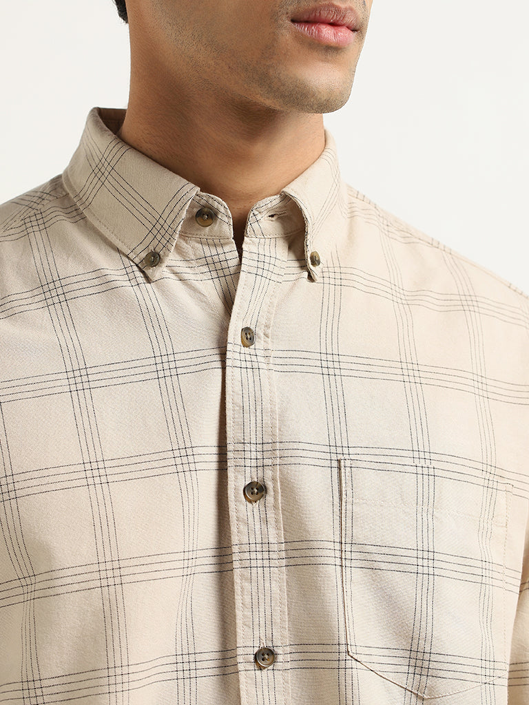 WES Casuals Beige Checked Cotton Relaxed Fit Shirt