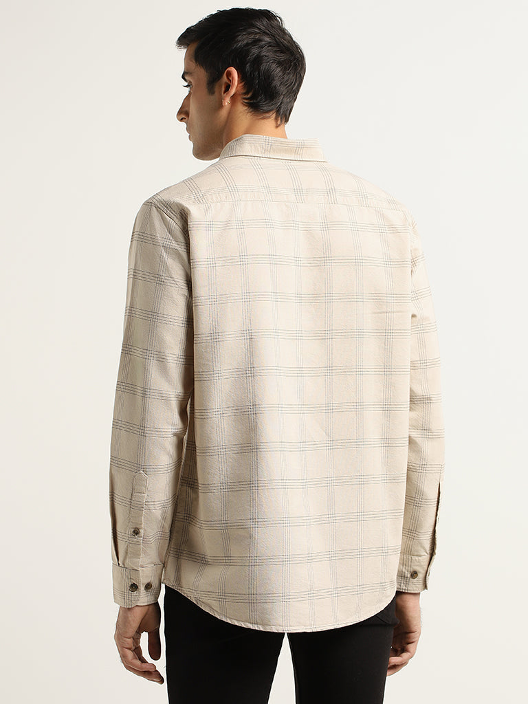 WES Casuals Beige Checked Cotton Relaxed Fit Shirt