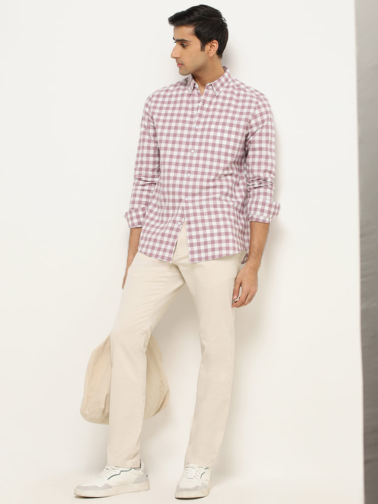 WES Casuals Pink Checked Cotton Slim Fit Shirt