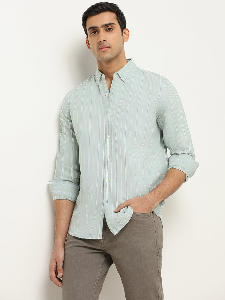 WES Casuals Green Striped Cotton Slim Fit Shirt