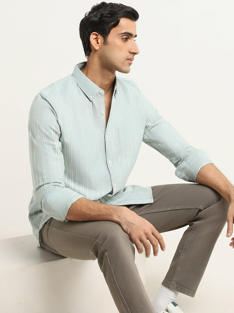 WES Casuals Green Striped Cotton Slim Fit Shirt