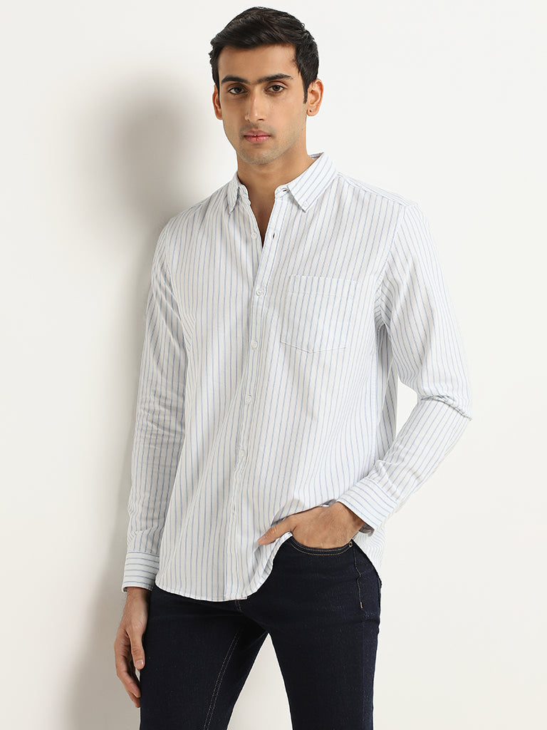 WES Casuals Blue Striped Cotton Slim Fit Shirt