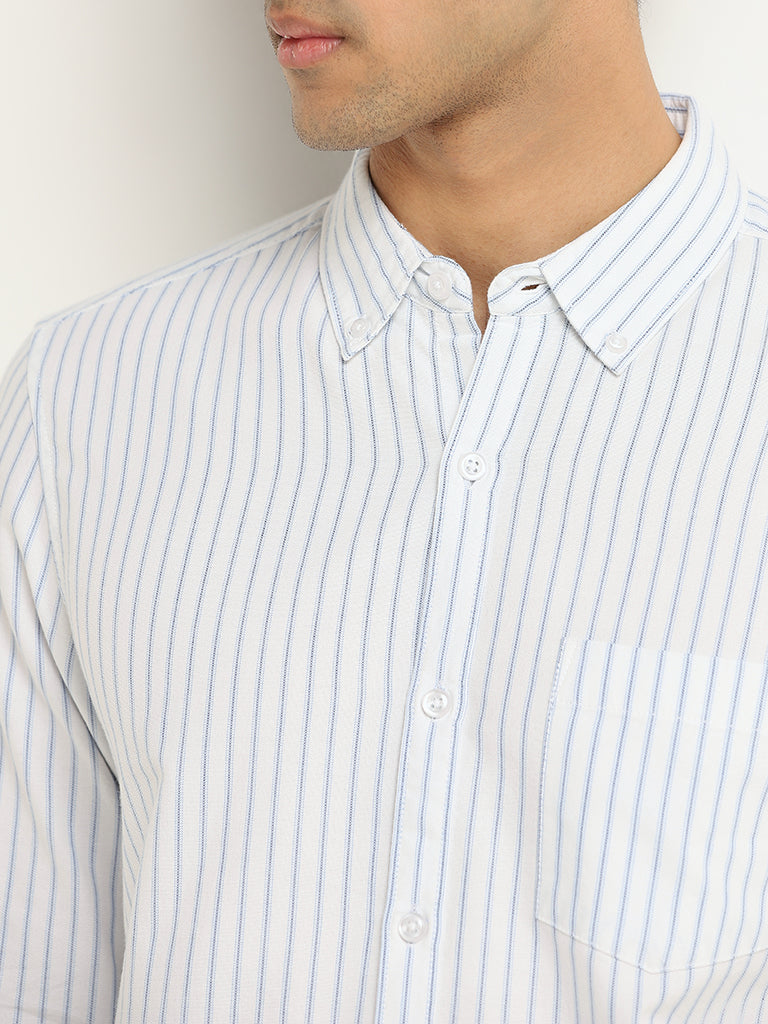 WES Casuals Blue Striped Cotton Slim Fit Shirt