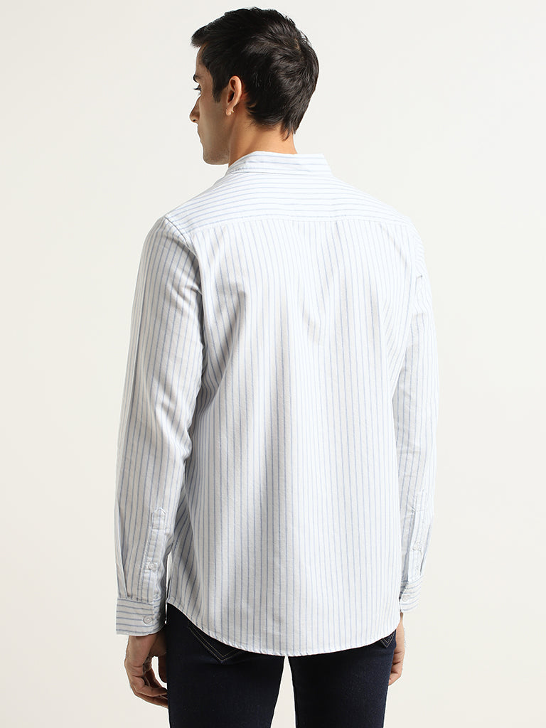 WES Casuals Blue Striped Cotton Slim Fit Shirt