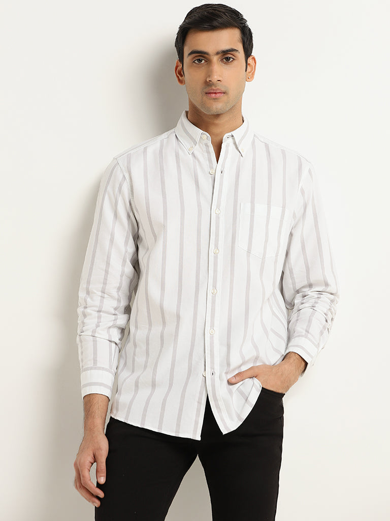 WES Casuals White Striped Cotton Relaxed Fit Shirt