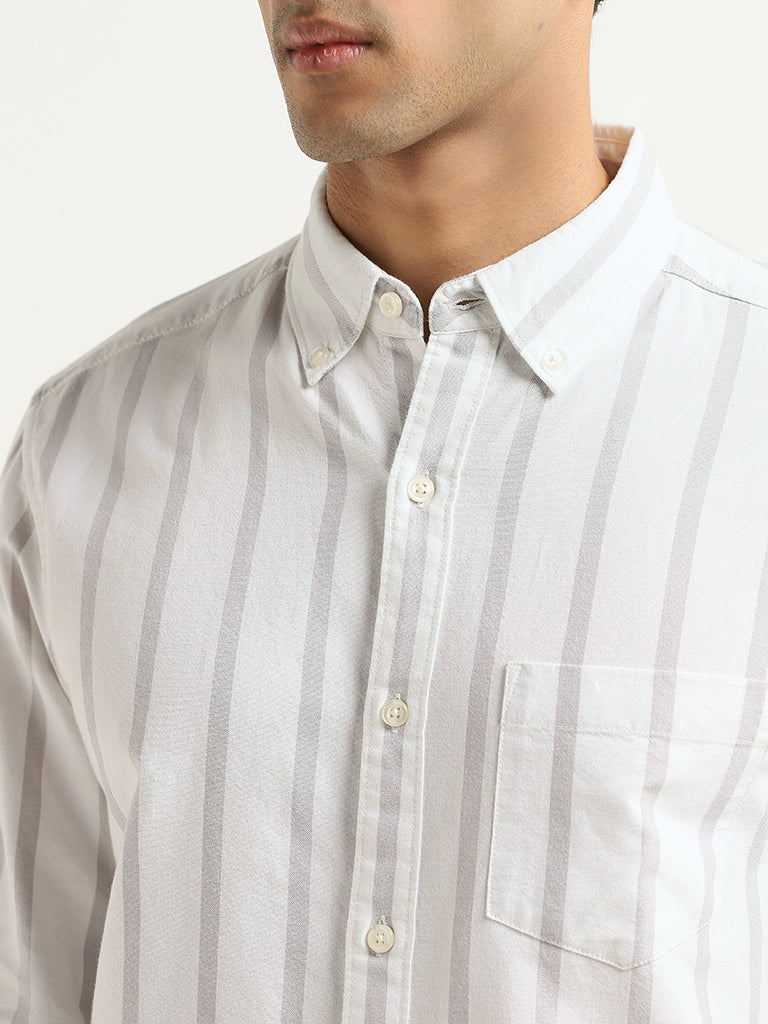 WES Casuals White Striped Cotton Relaxed Fit Shirt