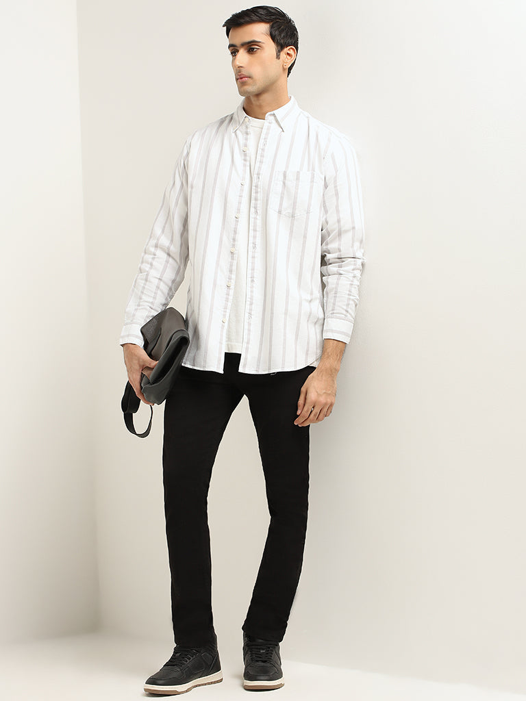 WES Casuals White Striped Cotton Relaxed Fit Shirt