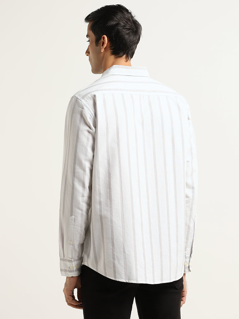 WES Casuals White Striped Cotton Relaxed Fit Shirt