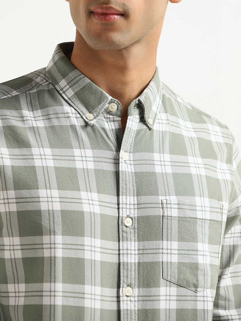 WES Casuals Green Checked Cotton Slim Fit Shirt