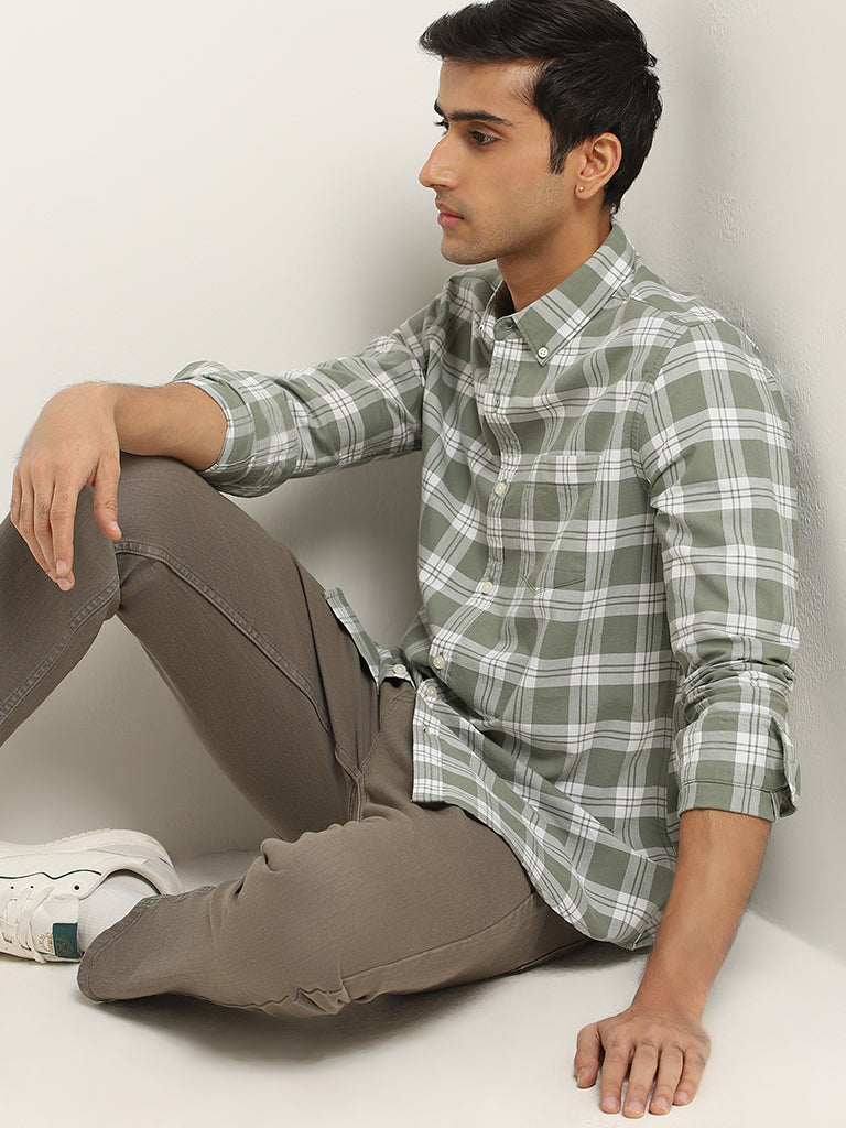 WES Casuals Green Checked Cotton Slim Fit Shirt