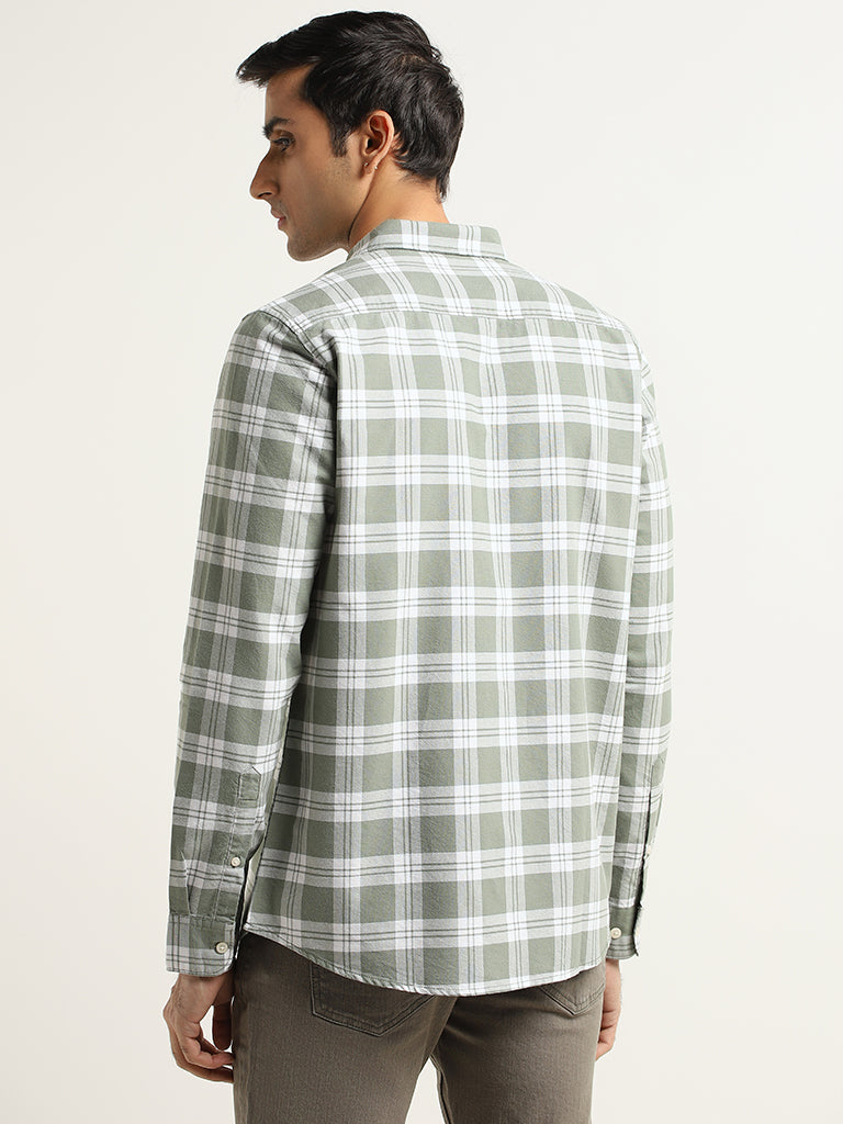 WES Casuals Green Checked Cotton Slim Fit Shirt