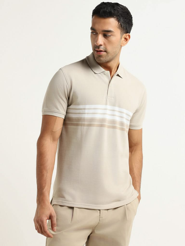 WES Casuals Beige Striped Cotton Blend Slim Fit T-Shirt