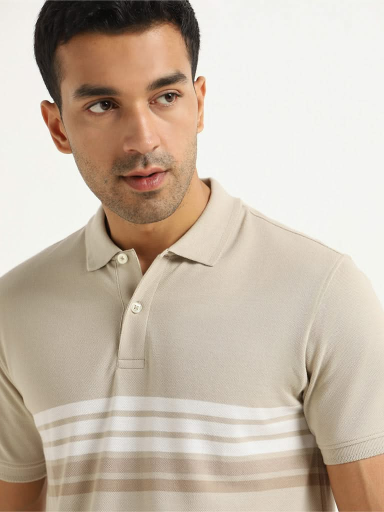 WES Casuals Beige Striped Cotton Blend Slim Fit T-Shirt