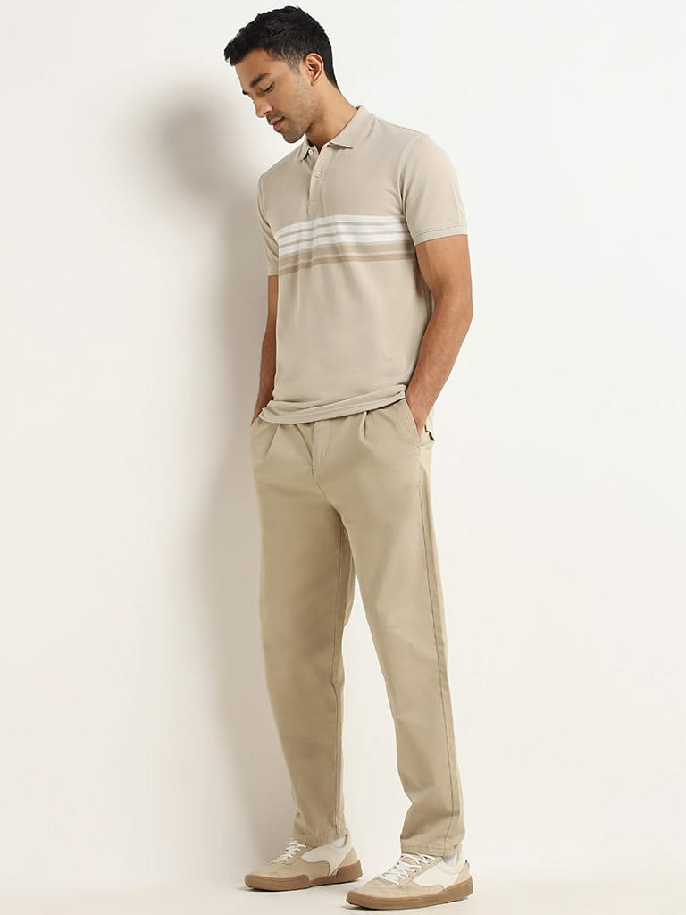 WES Casuals Beige Striped Cotton Blend Slim Fit T-Shirt