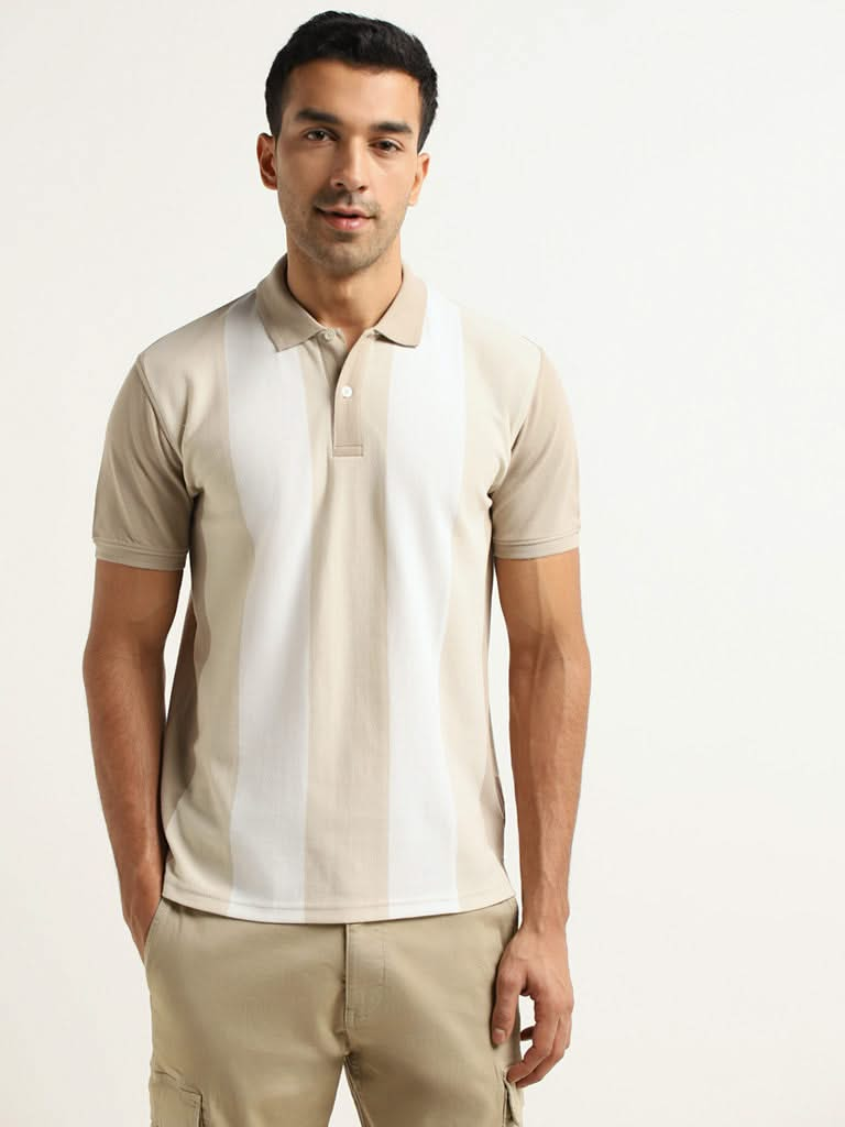 WES Casuals Beige Striped Cotton Blend Slim Fit T-Shirt