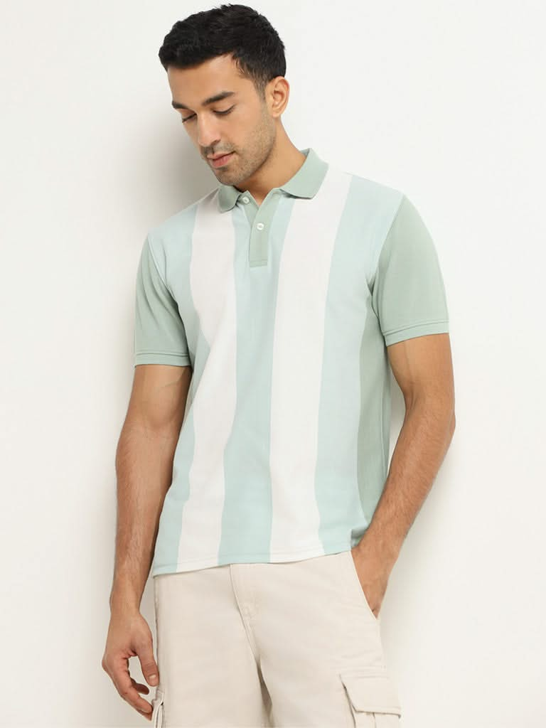 WES Casuals Green Striped Cotton Blend Slim Fit T-Shirt