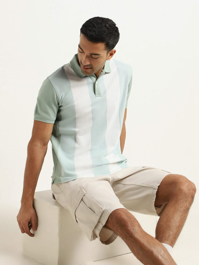 WES Casuals Green Striped Cotton Blend Slim Fit T-Shirt