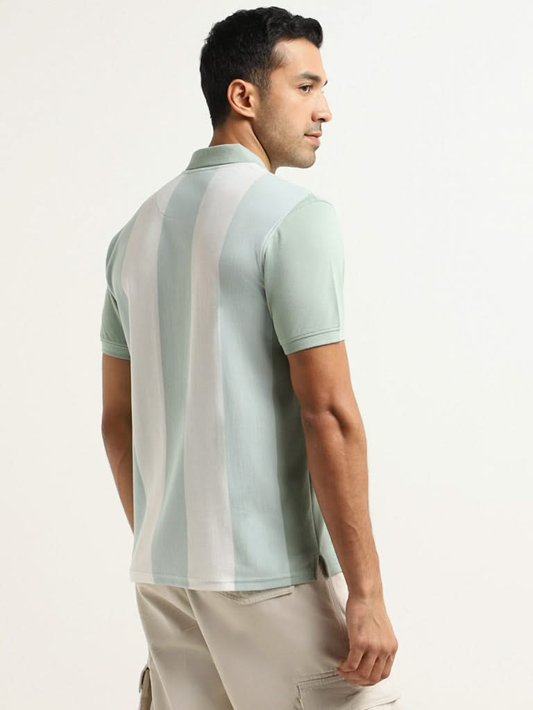 WES Casuals Green Striped Cotton Blend Slim Fit T-Shirt