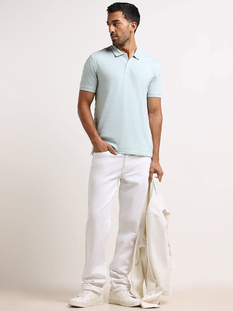 WES Casuals Light Teal Cotton Blend Slim Fit T-Shirt