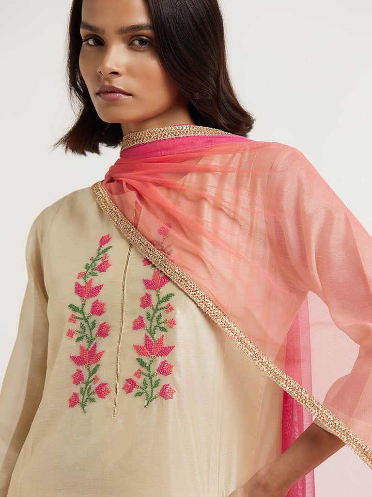 Vark Beige Embroidered Kurta, Palazzos & Dupatta Set