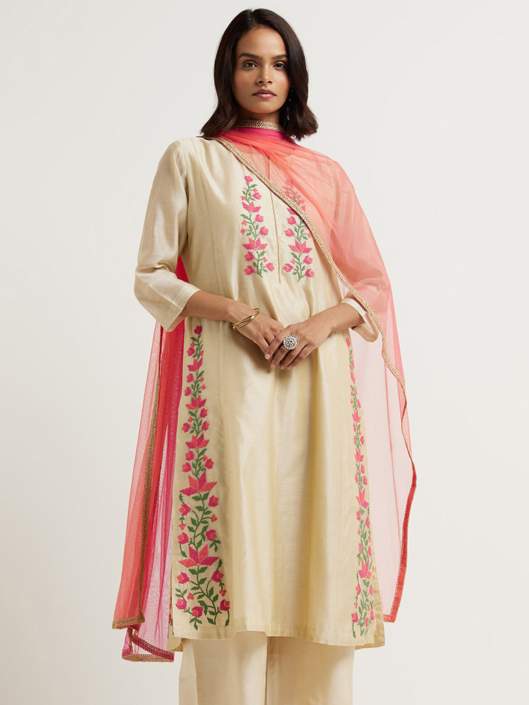 Vark Beige Embroidered Kurta, Palazzos & Dupatta Set