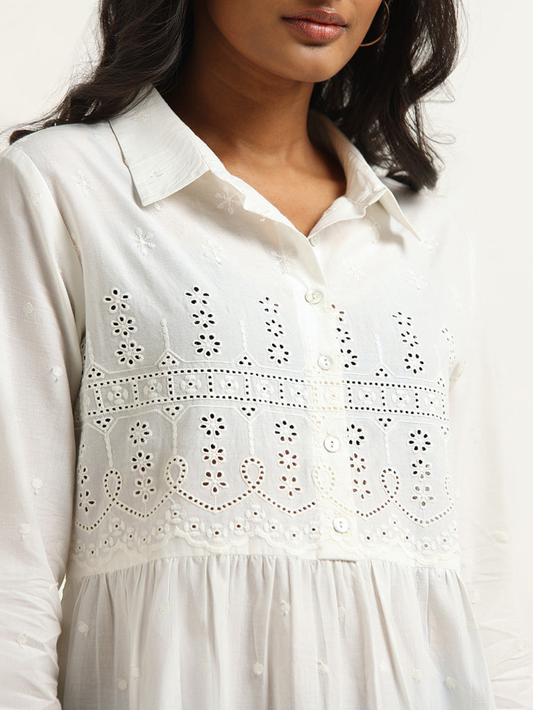 Utsa White Cotton Schiffli Kurti