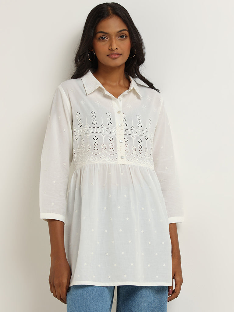 Utsa White Cotton Schiffli Kurti