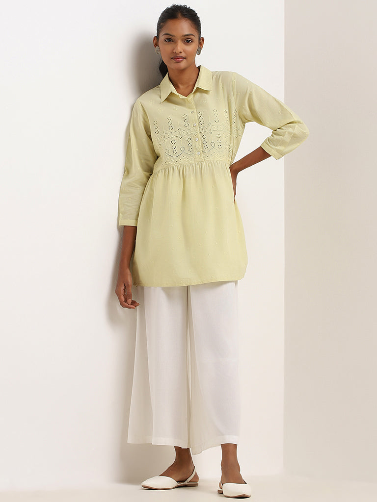 Utsa Green Schiffli Cotton Collared Kurti