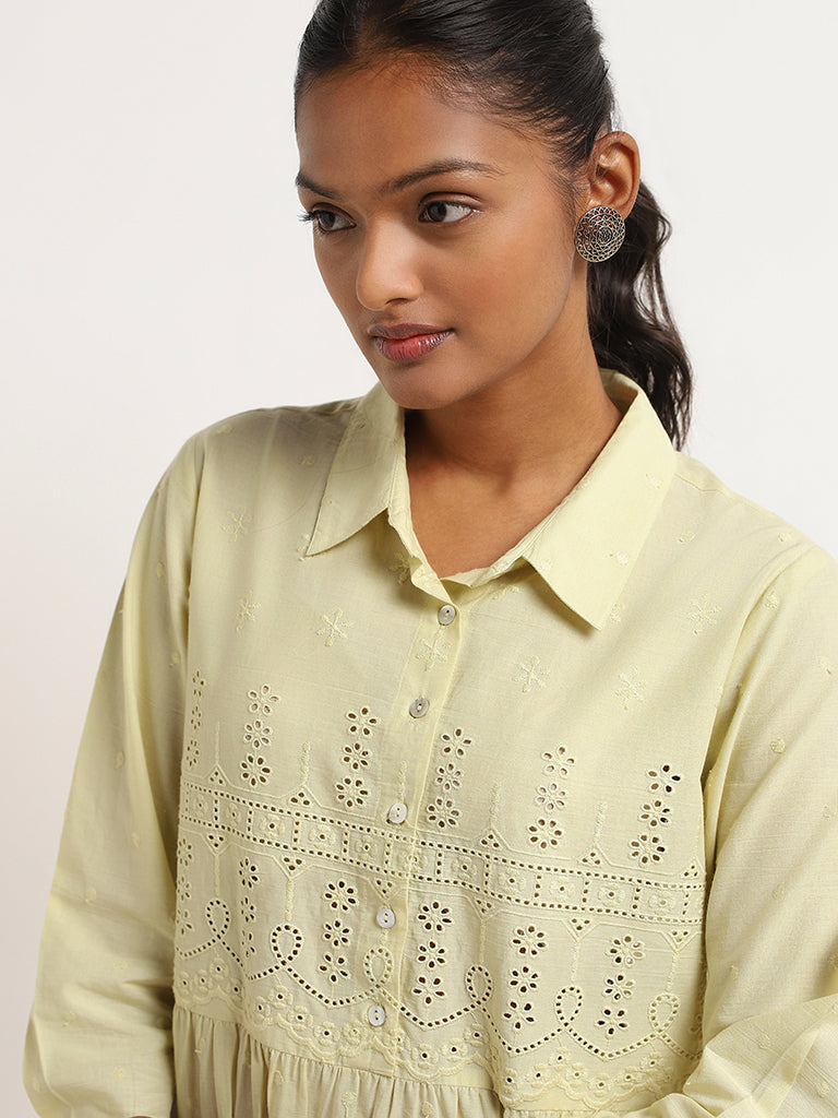 Utsa Green Schiffli Cotton Collared Kurti