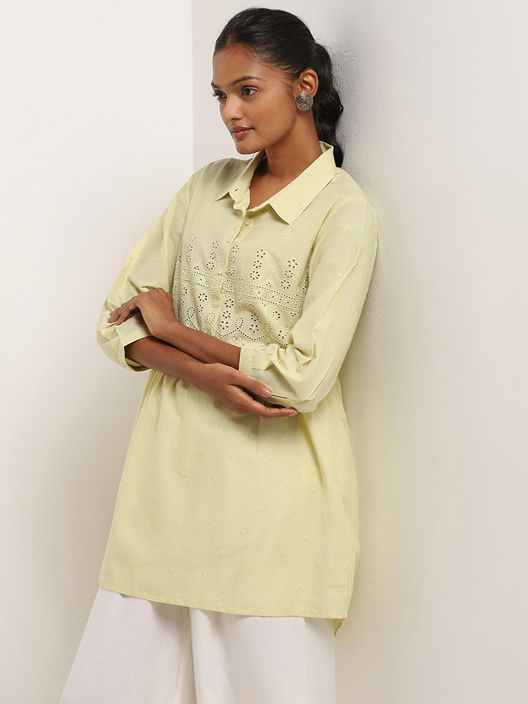 Utsa Green Schiffli Cotton Collared Kurti