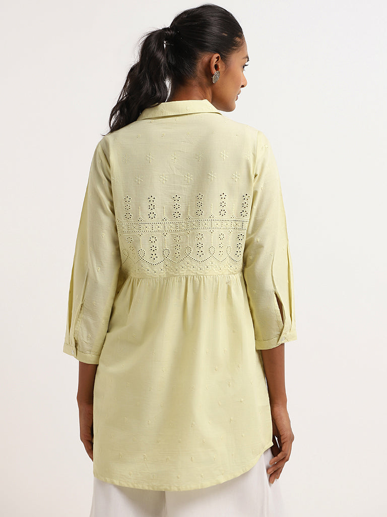 Utsa Green Schiffli Cotton Collared Kurti