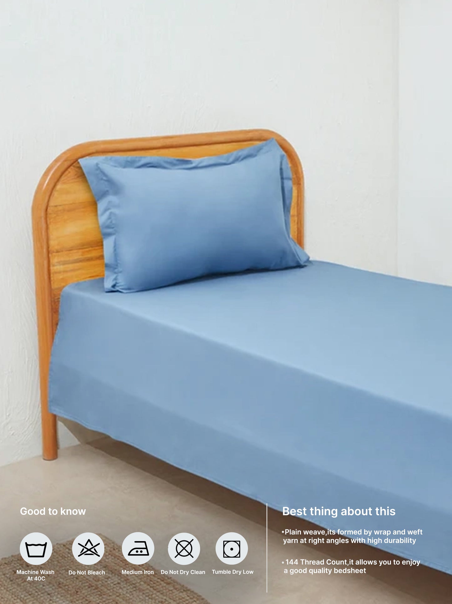 Westside Home Blue Single Bed Flat Sheet and Pillowcase Set