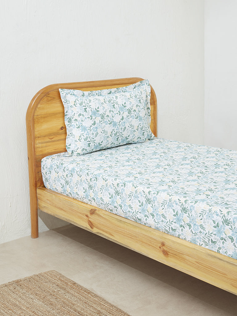 Westside Home Blue Floral Print Single Bed Fitted Sheet and Pillowcase Set