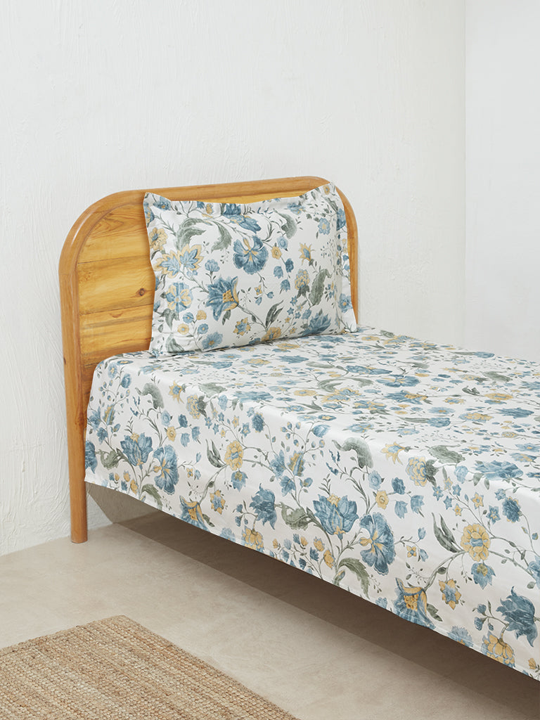 Westside Home Aqua Floral Print Single Bed Flat Sheet and Pillowcase Set