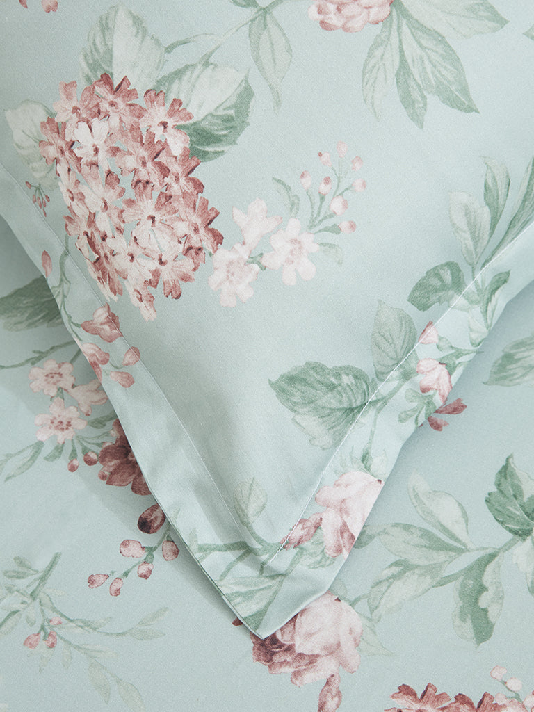 Westside Home Mint Floral Design Single Bed Flat Sheet and Pillowcase Set