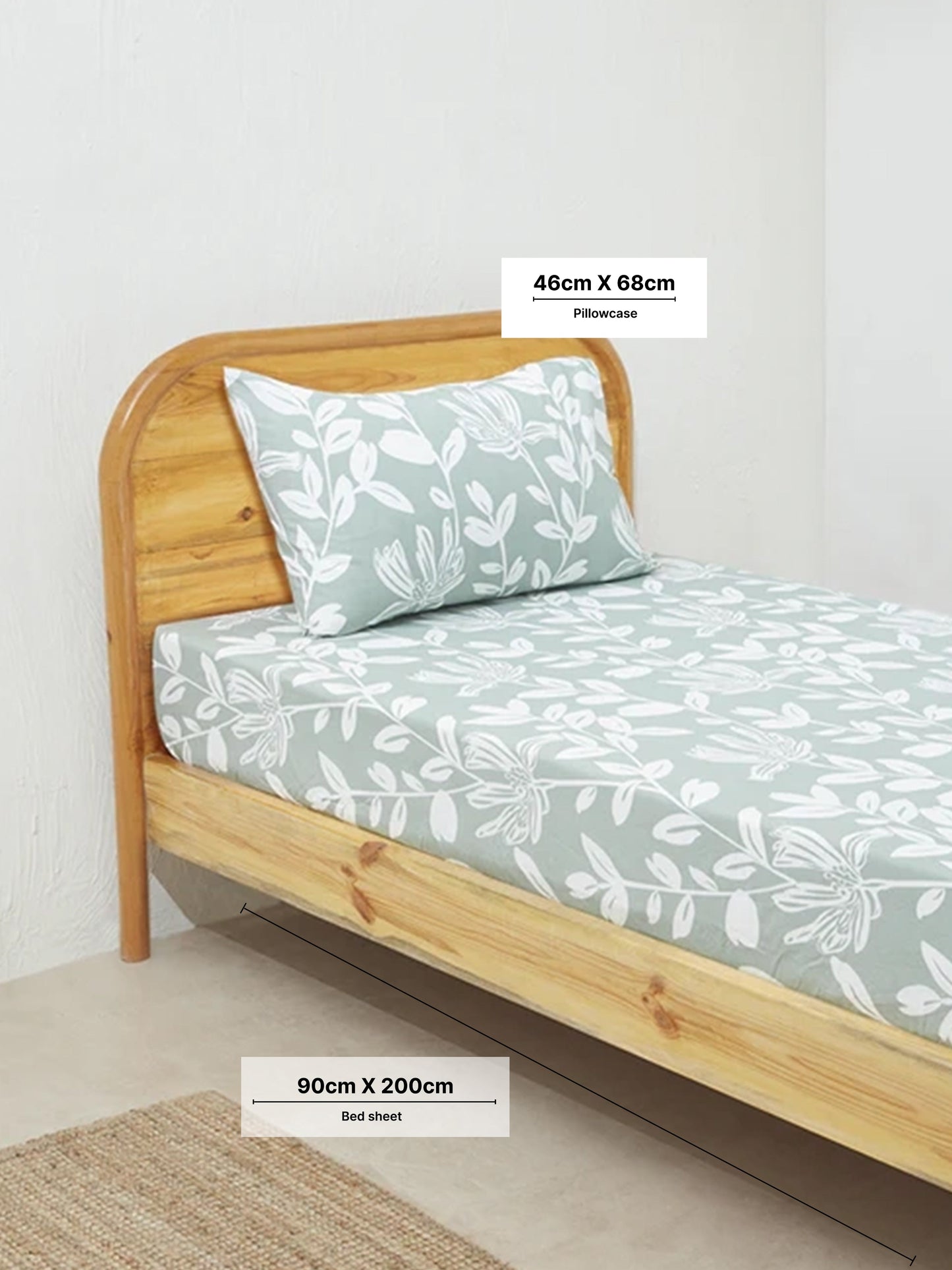 Westside Home Green Leaf Design Single Bed Fitted Sheet and Pillowcase Set