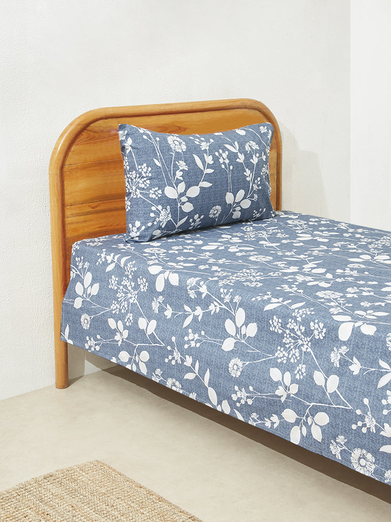 Westside Home Dusty Blue Floral Single Bed Flat Sheet and Pillowcase Set